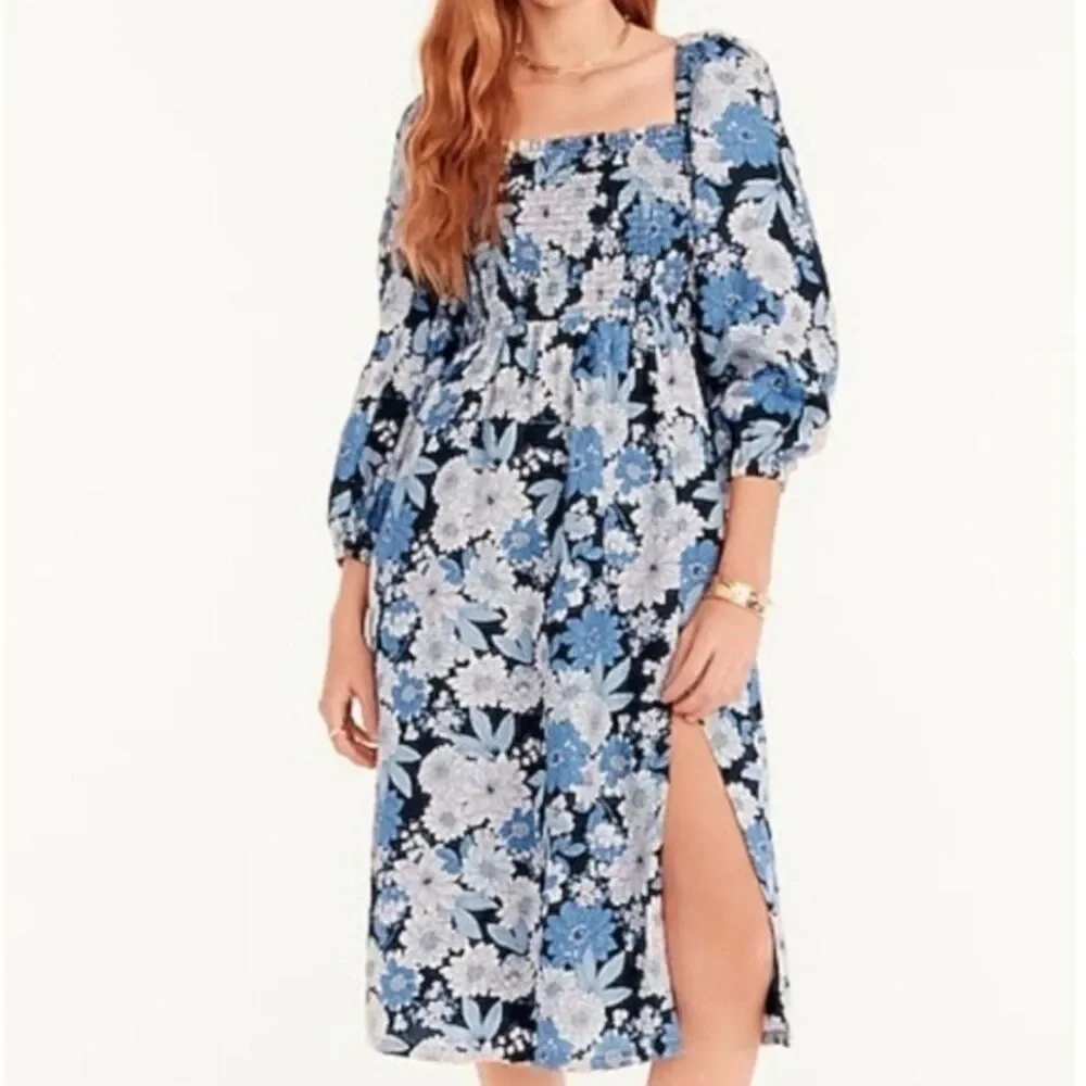 J Crew Linen Daydream Dress in Blue Zinnia Floral Print Women XS Knee Length